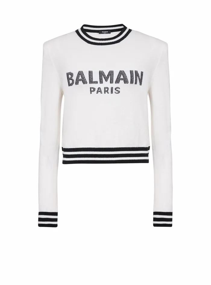 Balmain Knitwear Womens Cropped Wool Sweatshirt With Balmain Logo White