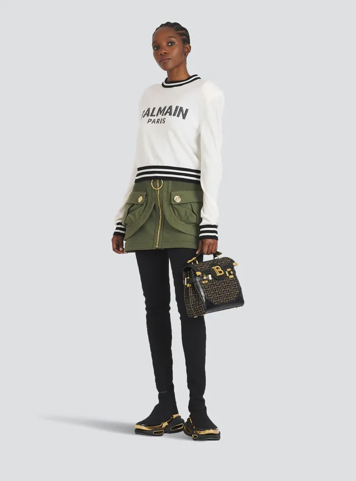 Balmain Knitwear Womens Cropped Wool Sweatshirt With Balmain Logo White Balmain Knitwear Womens Cropped Wool Sweatshirt With Balmain Logo White