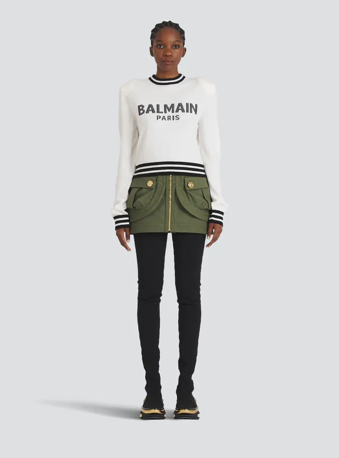 Balmain Knitwear Womens Cropped Wool Sweatshirt With Balmain Logo White Balmain Knitwear Womens Cropped Wool Sweatshirt With Balmain Logo White