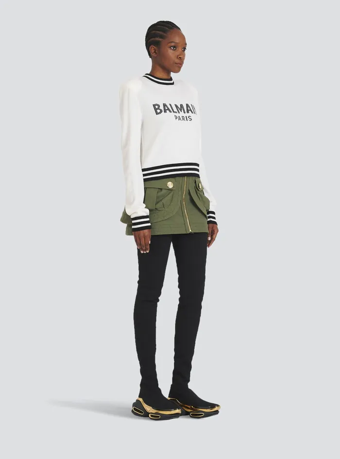 Balmain Knitwear Womens Cropped Wool Sweatshirt With Balmain Logo White Balmain Knitwear Womens Cropped Wool Sweatshirt With Balmain Logo White