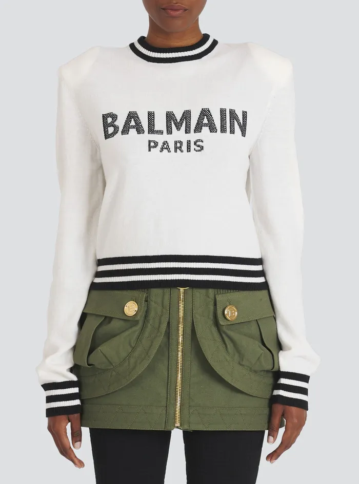 Balmain Knitwear Womens Cropped Wool Sweatshirt With Balmain Logo White Balmain Knitwear Womens Cropped Wool Sweatshirt With Balmain Logo White