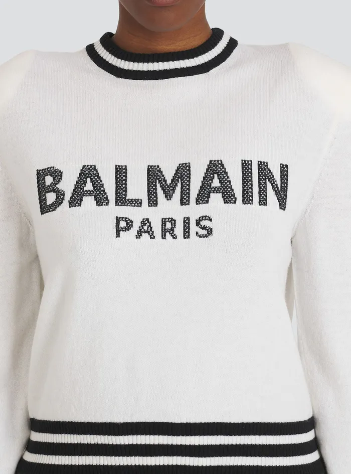 Balmain Knitwear Womens Cropped Wool Sweatshirt With Balmain Logo White Balmain Knitwear Womens Cropped Wool Sweatshirt With Balmain Logo White