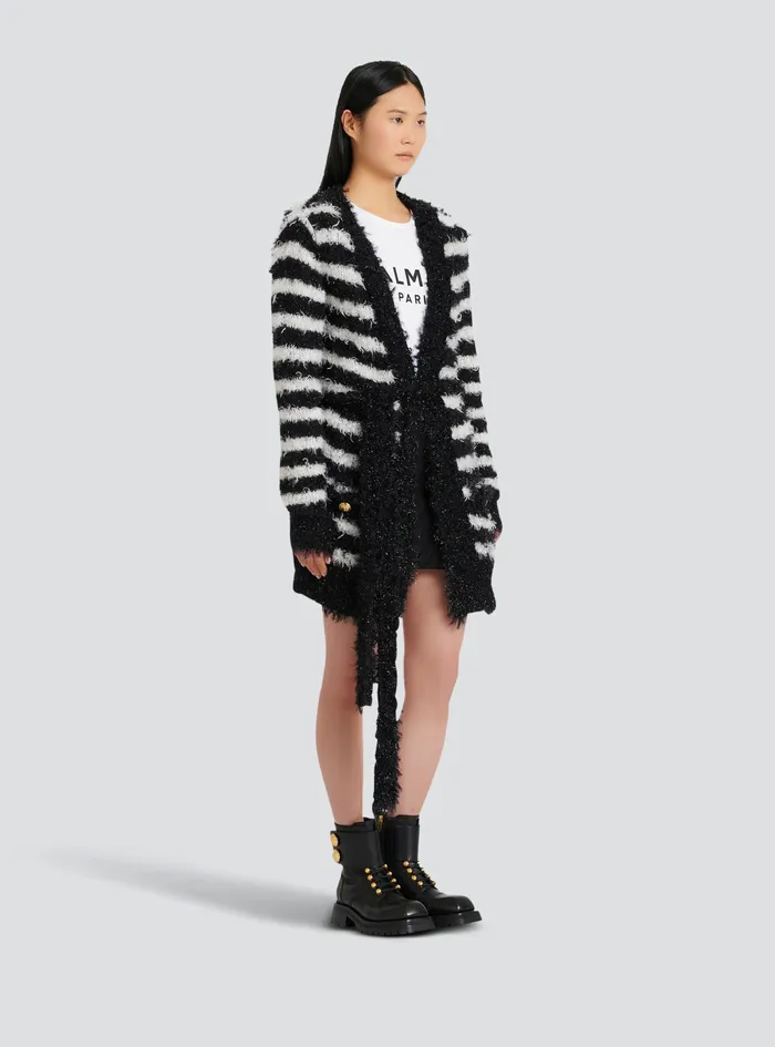Balmain Knitwear Womens Striped Knit Cardigan Black Balmain Knitwear Womens Striped Knit Cardigan Black