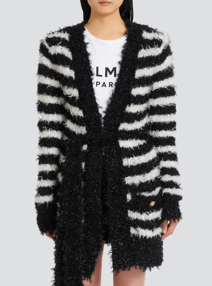 Balmain Knitwear Womens Striped Knit Cardigan Black Balmain Knitwear Womens Striped Knit Cardigan Black
