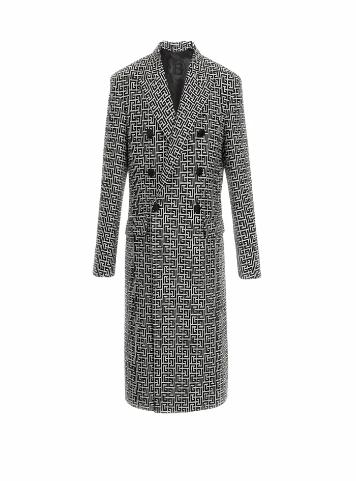 Balmain Outerwear Mens Bicolor DoubleBreasted Coat With Balmain Monogram Black Balmain Outerwear Mens Bicolor DoubleBreasted Coat With Balmain Monogram Black