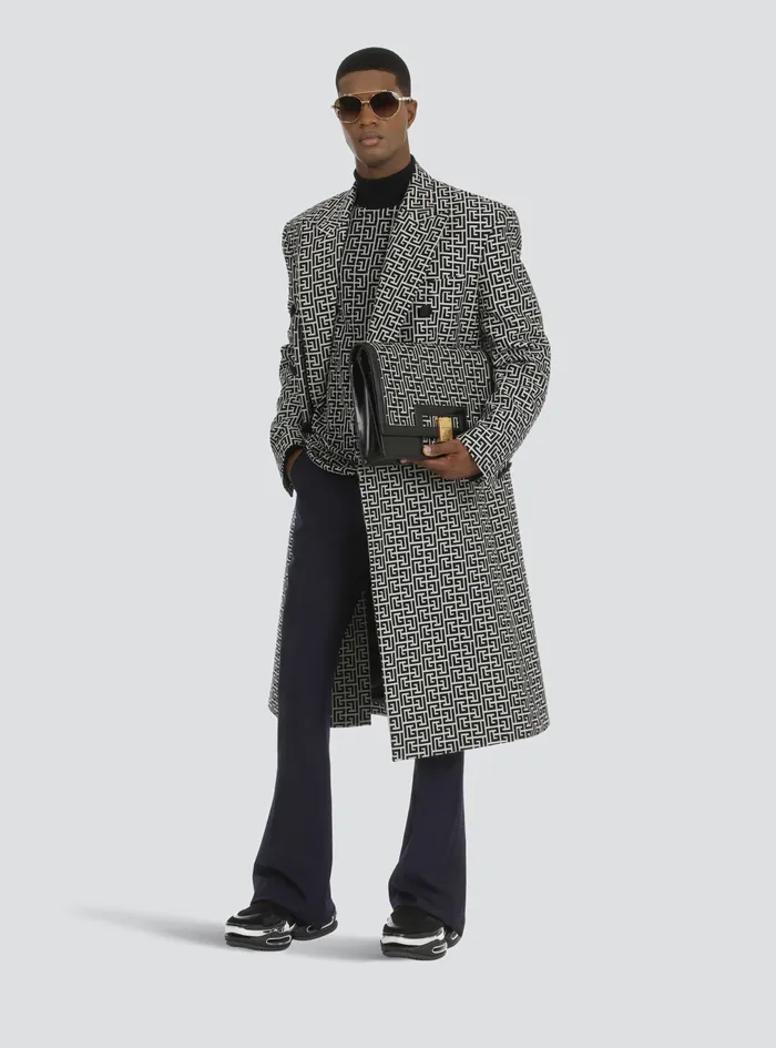 Balmain Outerwear Mens Bicolor DoubleBreasted Coat With Balmain Monogram Black Balmain Outerwear Mens Bicolor DoubleBreasted Coat With Balmain Monogram Black