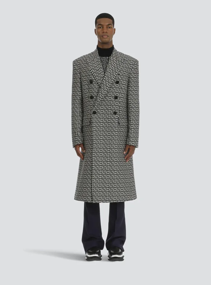 Balmain Outerwear Mens Bicolor DoubleBreasted Coat With Balmain Monogram Black Balmain Outerwear Mens Bicolor DoubleBreasted Coat With Balmain Monogram Black