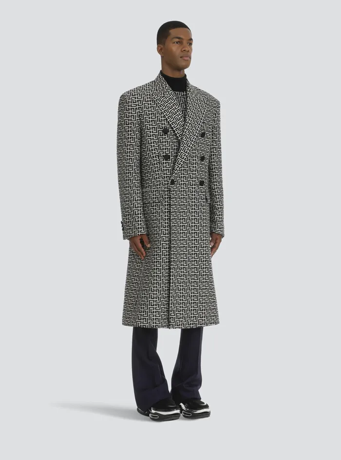 Balmain Outerwear Mens Bicolor DoubleBreasted Coat With Balmain Monogram Black Balmain Outerwear Mens Bicolor DoubleBreasted Coat With Balmain Monogram Black