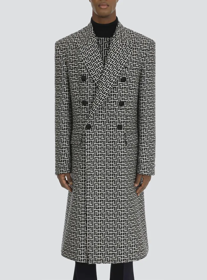 Balmain Outerwear Mens Bicolor DoubleBreasted Coat With Balmain Monogram Black Balmain Outerwear Mens Bicolor DoubleBreasted Coat With Balmain Monogram Black