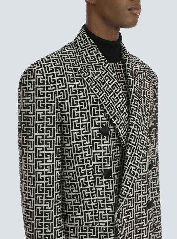 Balmain Outerwear Mens Bicolor DoubleBreasted Coat With Balmain Monogram Black Balmain Outerwear Mens Bicolor DoubleBreasted Coat With Balmain Monogram Black