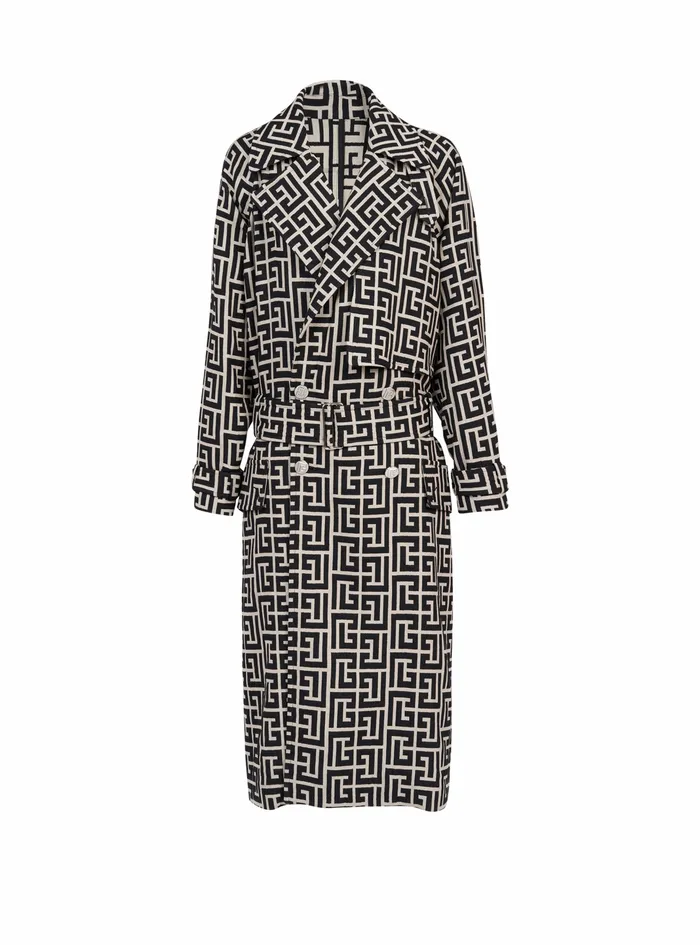 Balmain Outerwear Mens Bicolor Wool Trench Coat With Balmain Monogram Black