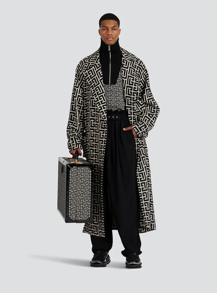 Balmain Outerwear Mens Bicolor Wool Trench Coat With Balmain Monogram Black Balmain Outerwear Mens Bicolor Wool Trench Coat With Balmain Monogram Black