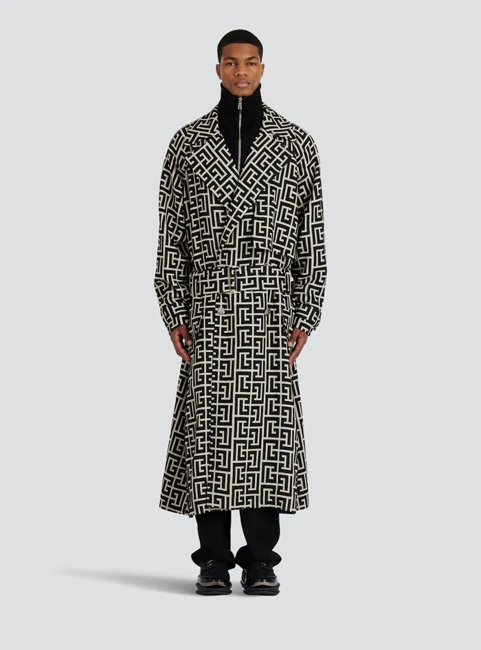 Balmain Outerwear Mens Bicolor Wool Trench Coat With Balmain Monogram Black Balmain Outerwear Mens Bicolor Wool Trench Coat With Balmain Monogram Black