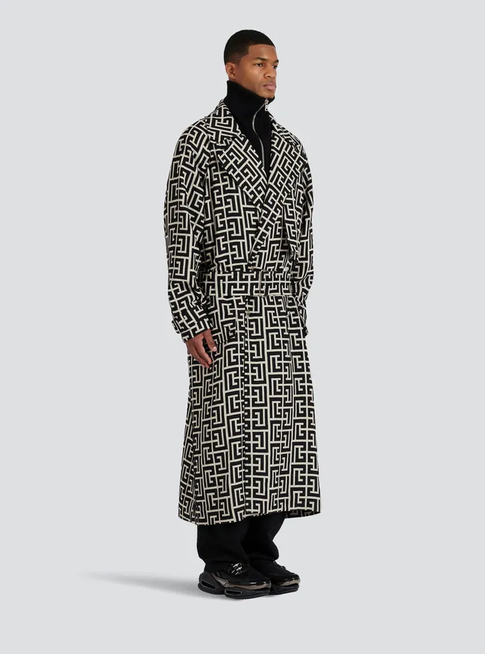 Balmain Outerwear Mens Bicolor Wool Trench Coat With Balmain Monogram Black Balmain Outerwear Mens Bicolor Wool Trench Coat With Balmain Monogram Black