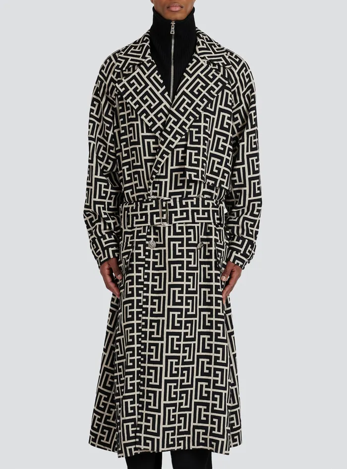 Balmain Outerwear Mens Bicolor Wool Trench Coat With Balmain Monogram Black Balmain Outerwear Mens Bicolor Wool Trench Coat With Balmain Monogram Black