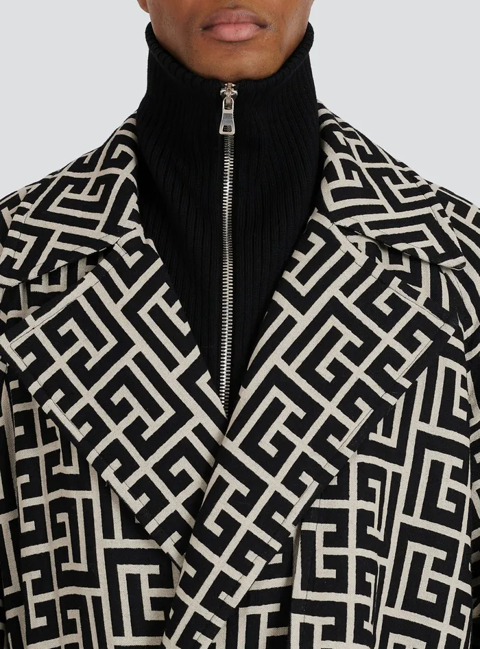 Balmain Outerwear Mens Bicolor Wool Trench Coat With Balmain Monogram Black Balmain Outerwear Mens Bicolor Wool Trench Coat With Balmain Monogram Black