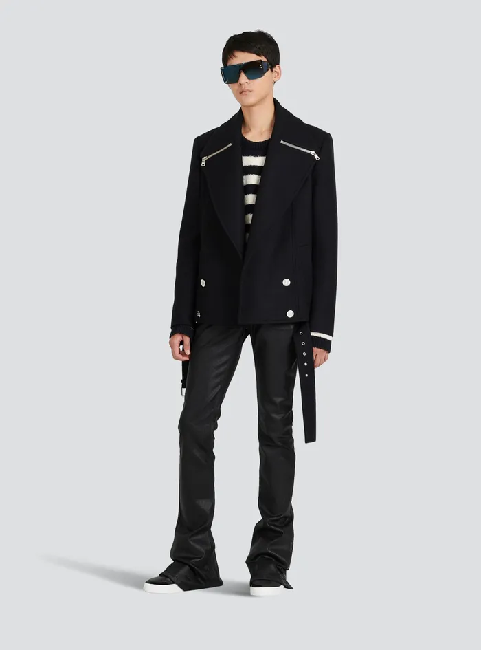 Balmain Outerwear Mens Cropped Wool Coat Black Balmain Outerwear Mens Cropped Wool Coat Black