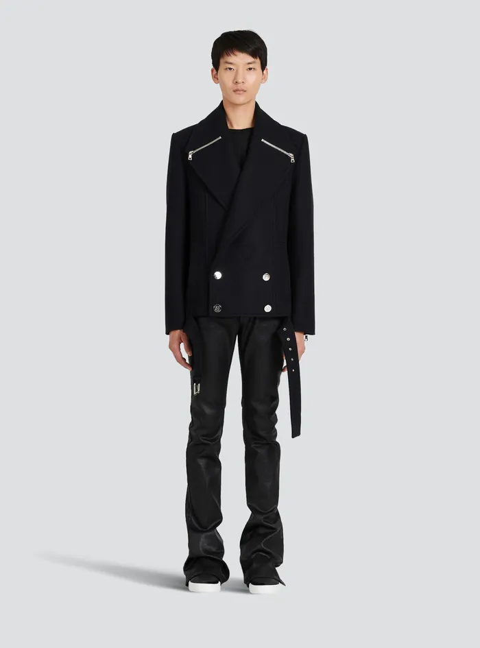 Balmain Outerwear Mens Cropped Wool Coat Black Balmain Outerwear Mens Cropped Wool Coat Black