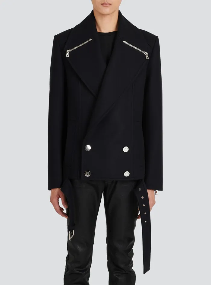 Balmain Outerwear Mens Cropped Wool Coat Black Balmain Outerwear Mens Cropped Wool Coat Black