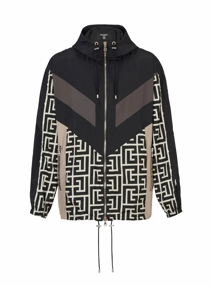 Balmain Outerwear Mens Hooded Nylon Jacket With Balmain Monogram Black