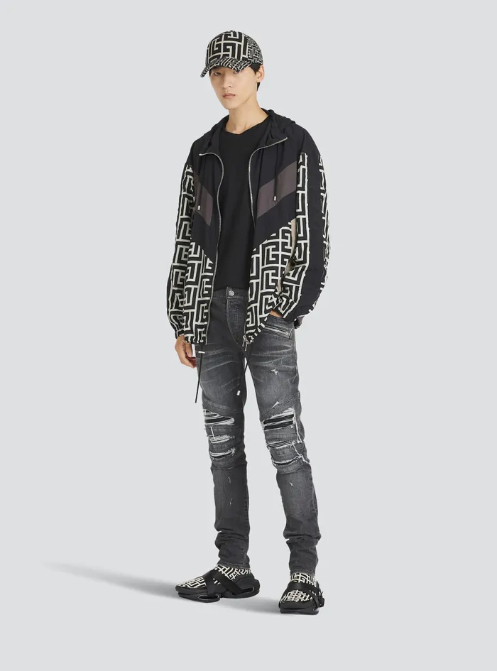 Balmain Outerwear Mens Hooded Nylon Jacket With Balmain Monogram Black Balmain Outerwear Mens Hooded Nylon Jacket With Balmain Monogram Black