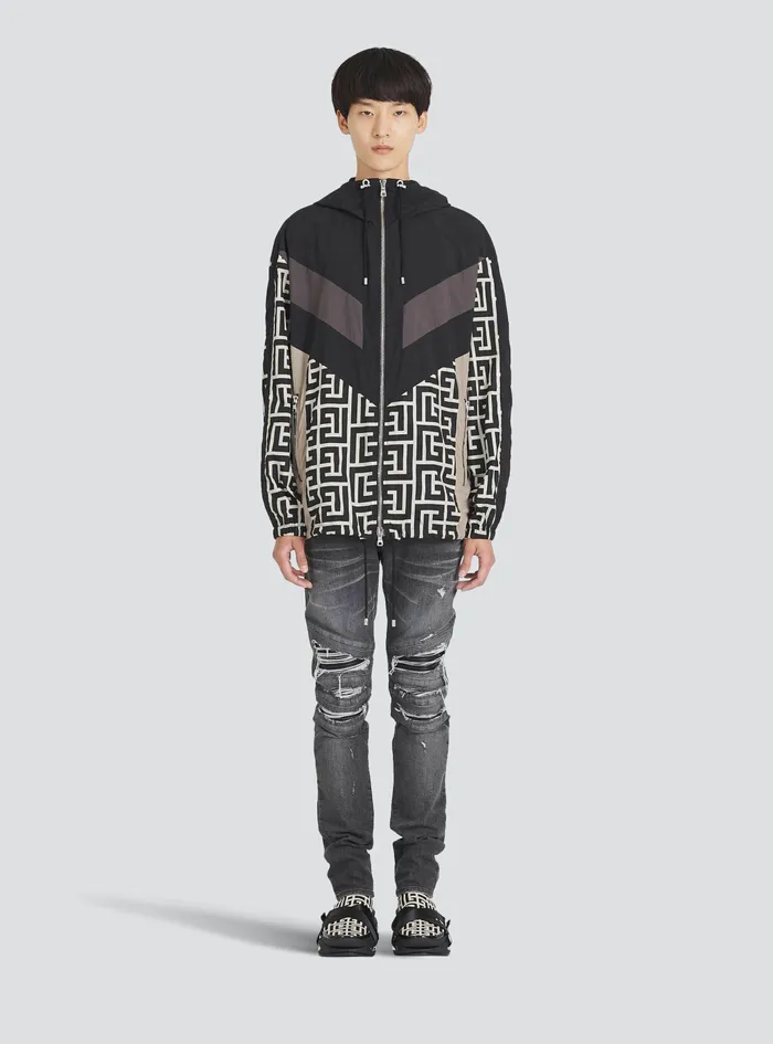 Balmain Outerwear Mens Hooded Nylon Jacket With Balmain Monogram Black Balmain Outerwear Mens Hooded Nylon Jacket With Balmain Monogram Black