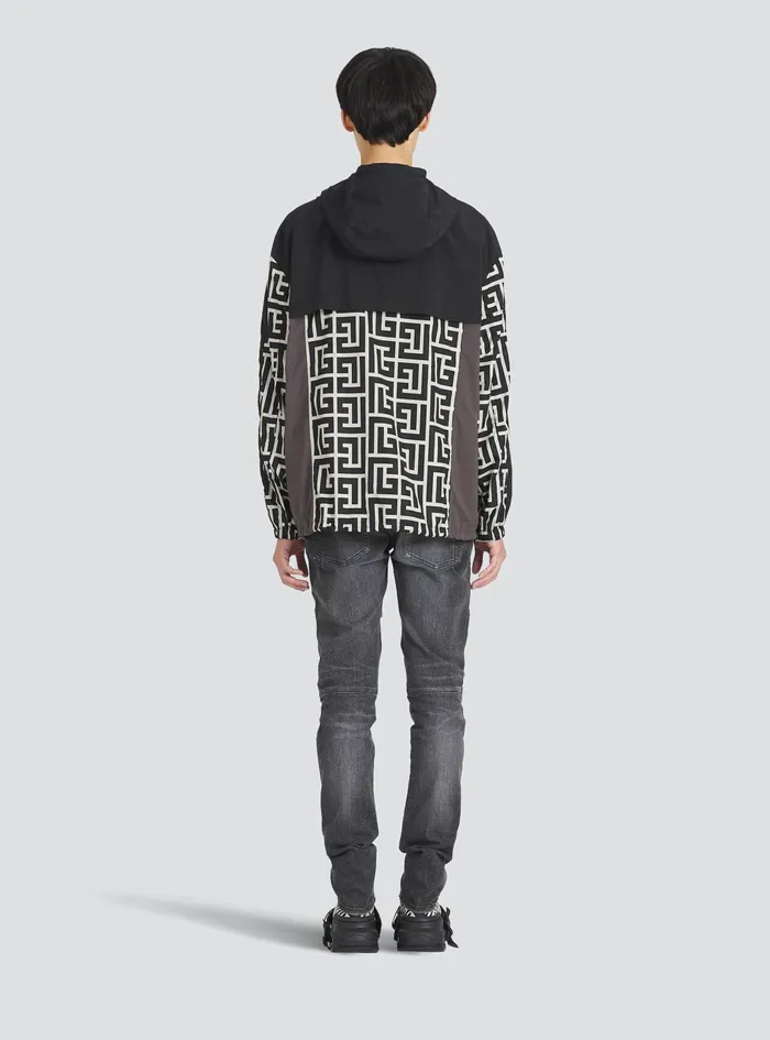 Balmain Outerwear Mens Hooded Nylon Jacket With Balmain Monogram Black Balmain Outerwear Mens Hooded Nylon Jacket With Balmain Monogram Black