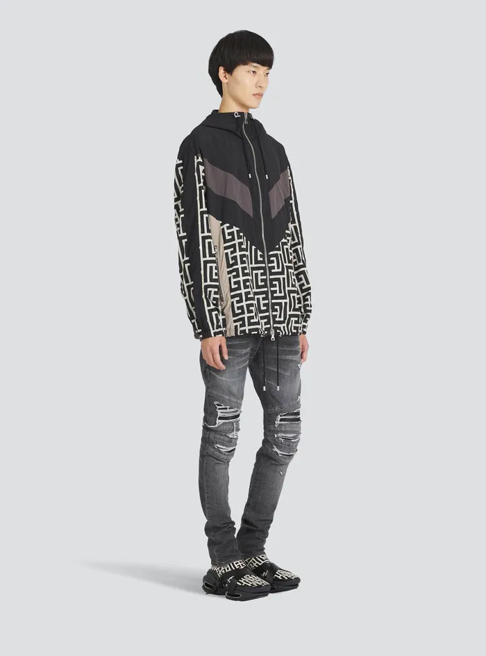 Balmain Outerwear Mens Hooded Nylon Jacket With Balmain Monogram Black Balmain Outerwear Mens Hooded Nylon Jacket With Balmain Monogram Black