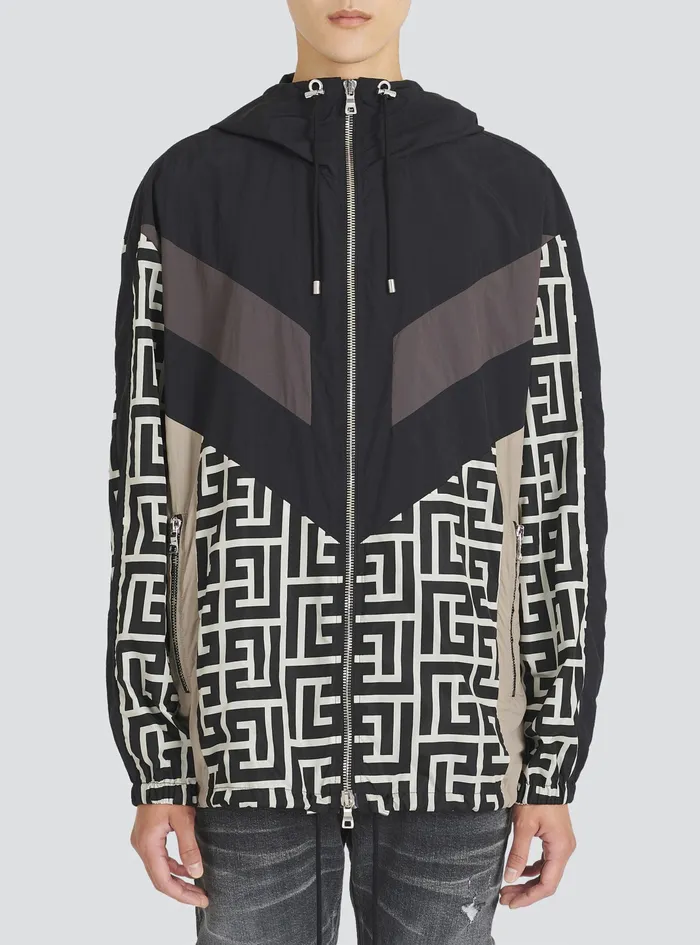 Balmain Outerwear Mens Hooded Nylon Jacket With Balmain Monogram Black Balmain Outerwear Mens Hooded Nylon Jacket With Balmain Monogram Black