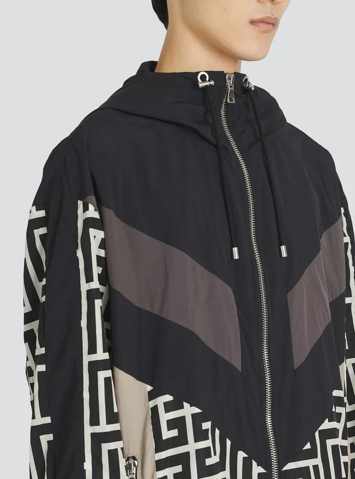 Balmain Outerwear Mens Hooded Nylon Jacket With Balmain Monogram Black Balmain Outerwear Mens Hooded Nylon Jacket With Balmain Monogram Black