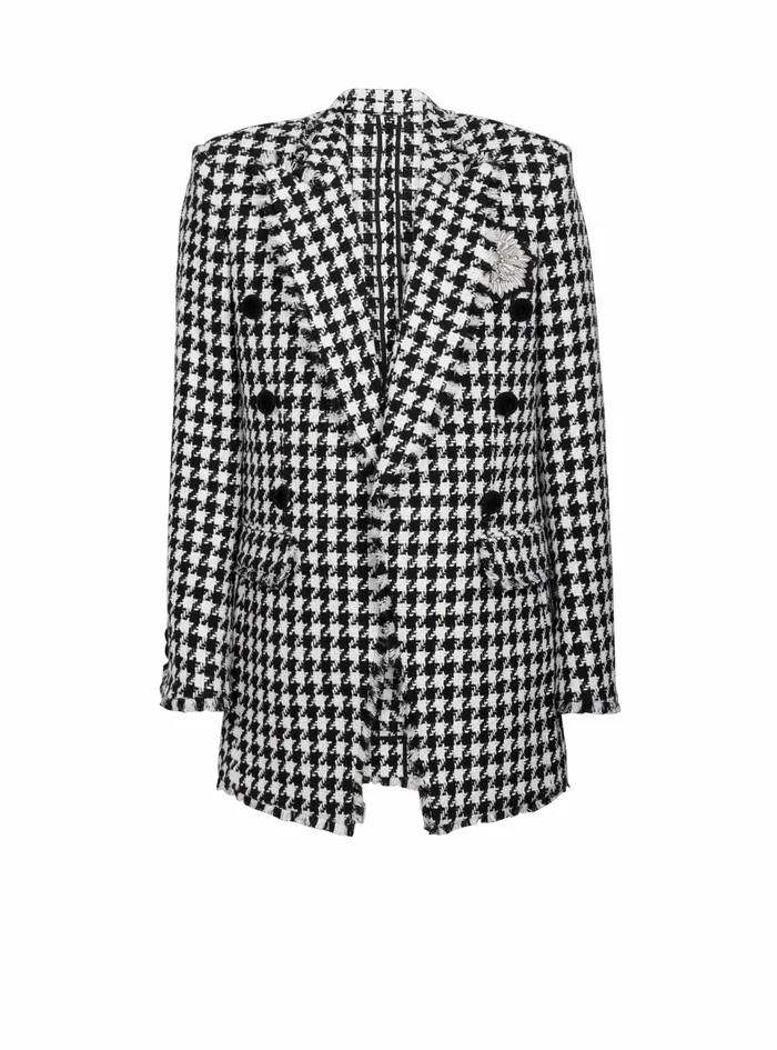 Balmain Outerwear Mens Houndstooth Print Tweed Blazer With Balmain Badge Black Balmain Outerwear Mens Houndstooth Print Tweed Blazer With Balmain Badge Black
