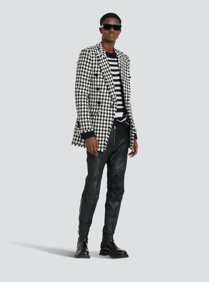 Balmain Outerwear Mens Houndstooth Print Tweed Blazer With Balmain Badge Black