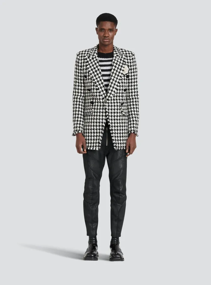 Balmain Outerwear Mens Houndstooth Print Tweed Blazer With Balmain Badge Black