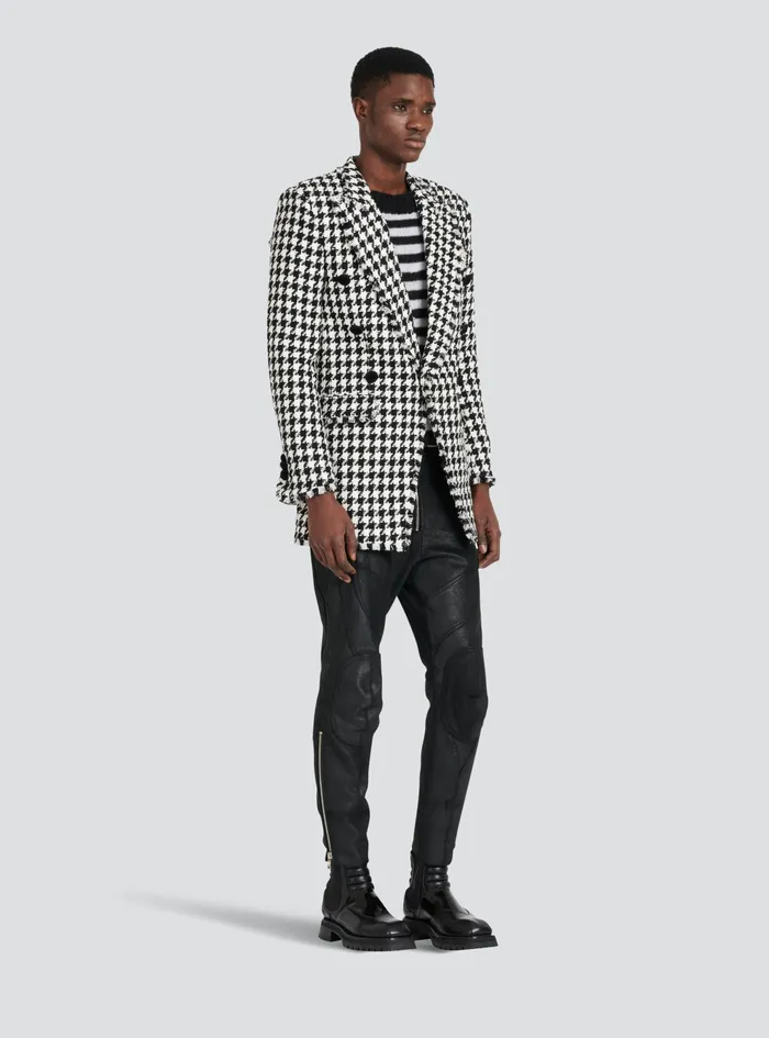 Balmain Outerwear Mens Houndstooth Print Tweed Blazer With Balmain Badge Black