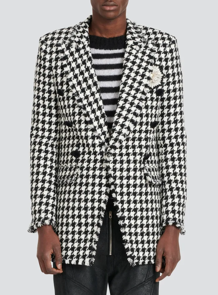 Balmain Outerwear Mens Houndstooth Print Tweed Blazer With Balmain Badge Black