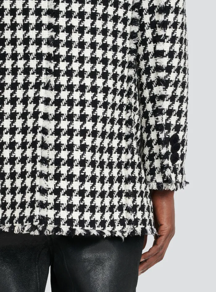 Balmain Outerwear Mens Houndstooth Print Tweed Blazer With Balmain Badge Black