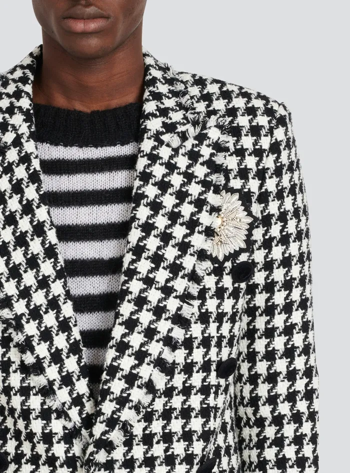 Balmain Outerwear Mens Houndstooth Print Tweed Blazer With Balmain Badge Black