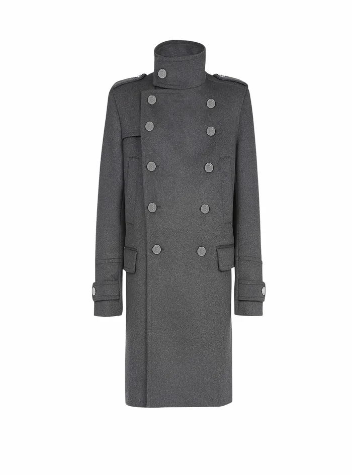 Balmain Outerwear Mens Long Medium Cashmere Coat With DoubleBreasted SilverTone Buttoned Fastening Grey Balmain Outerwear Mens Long Medium Cashmere Coat With DoubleBreasted SilverTone Buttoned Fastening Grey