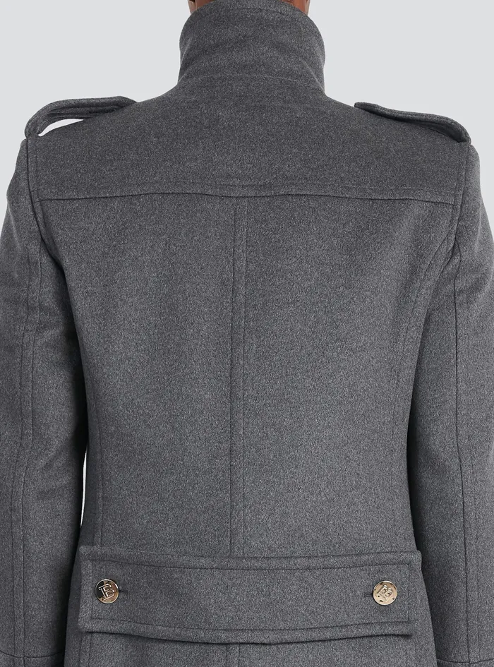 Balmain Outerwear Mens Long Medium Cashmere Coat With DoubleBreasted SilverTone Buttoned Fastening Grey Balmain Outerwear Mens Long Medium Cashmere Coat With DoubleBreasted SilverTone Buttoned Fastening Grey