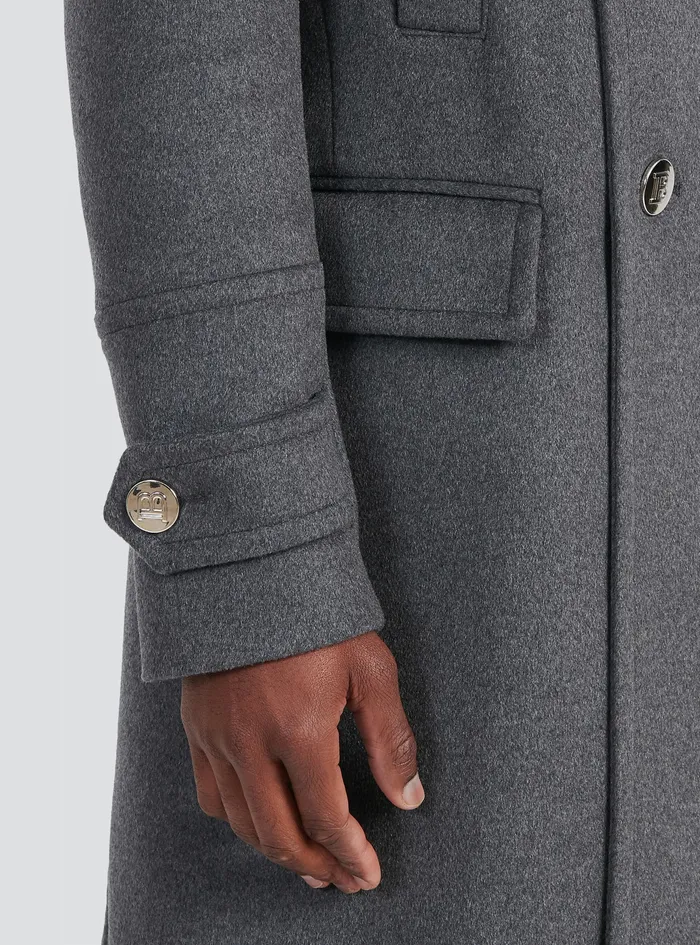 Balmain Outerwear Mens Long Medium Cashmere Coat With DoubleBreasted SilverTone Buttoned Fastening Grey Balmain Outerwear Mens Long Medium Cashmere Coat With DoubleBreasted SilverTone Buttoned Fastening Grey