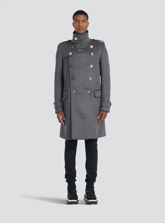 Balmain Outerwear Mens Long Medium Cashmere Coat With DoubleBreasted SilverTone Buttoned Fastening Grey Balmain Outerwear Mens Long Medium Cashmere Coat With DoubleBreasted SilverTone Buttoned Fastening Grey
