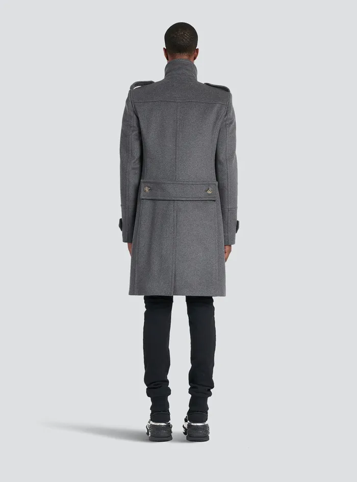Balmain Outerwear Mens Long Medium Cashmere Coat With DoubleBreasted SilverTone Buttoned Fastening Grey Balmain Outerwear Mens Long Medium Cashmere Coat With DoubleBreasted SilverTone Buttoned Fastening Grey
