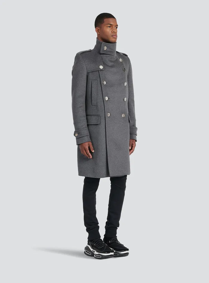 Balmain Outerwear Mens Long Medium Cashmere Coat With DoubleBreasted SilverTone Buttoned Fastening Grey Balmain Outerwear Mens Long Medium Cashmere Coat With DoubleBreasted SilverTone Buttoned Fastening Grey