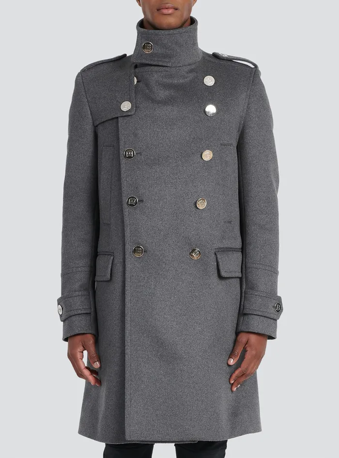 Balmain Outerwear Mens Long Medium Cashmere Coat With DoubleBreasted SilverTone Buttoned Fastening Grey Balmain Outerwear Mens Long Medium Cashmere Coat With DoubleBreasted SilverTone Buttoned Fastening Grey