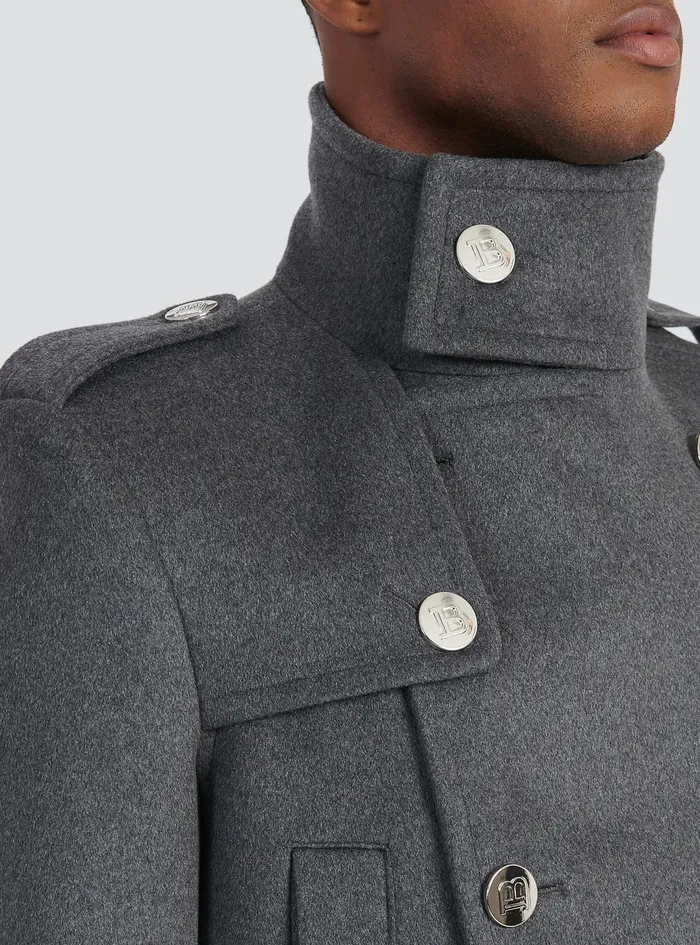 Balmain Outerwear Mens Long Medium Cashmere Coat With DoubleBreasted SilverTone Buttoned Fastening Grey Balmain Outerwear Mens Long Medium Cashmere Coat With DoubleBreasted SilverTone Buttoned Fastening Grey