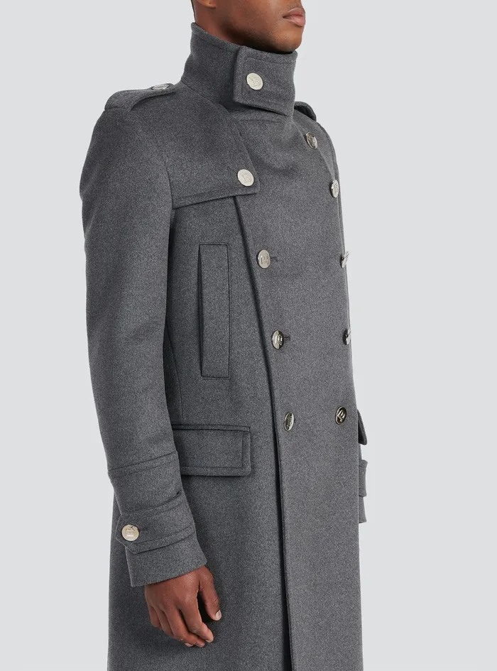 Balmain Outerwear Mens Long Medium Cashmere Coat With DoubleBreasted SilverTone Buttoned Fastening Grey Balmain Outerwear Mens Long Medium Cashmere Coat With DoubleBreasted SilverTone Buttoned Fastening Grey