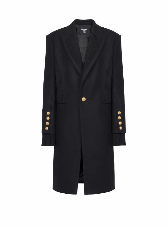 Balmain Outerwear Mens Long Wool Coat With MonogramPatterned Collar And Lining Black Balmain Outerwear Mens Long Wool Coat With MonogramPatterned Collar And Lining Black