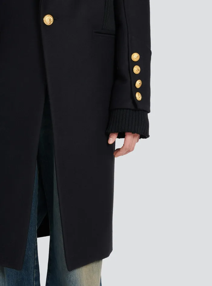 Balmain Outerwear Mens Long Wool Coat With MonogramPatterned Collar And Lining Black Balmain Outerwear Mens Long Wool Coat With MonogramPatterned Collar And Lining Black
