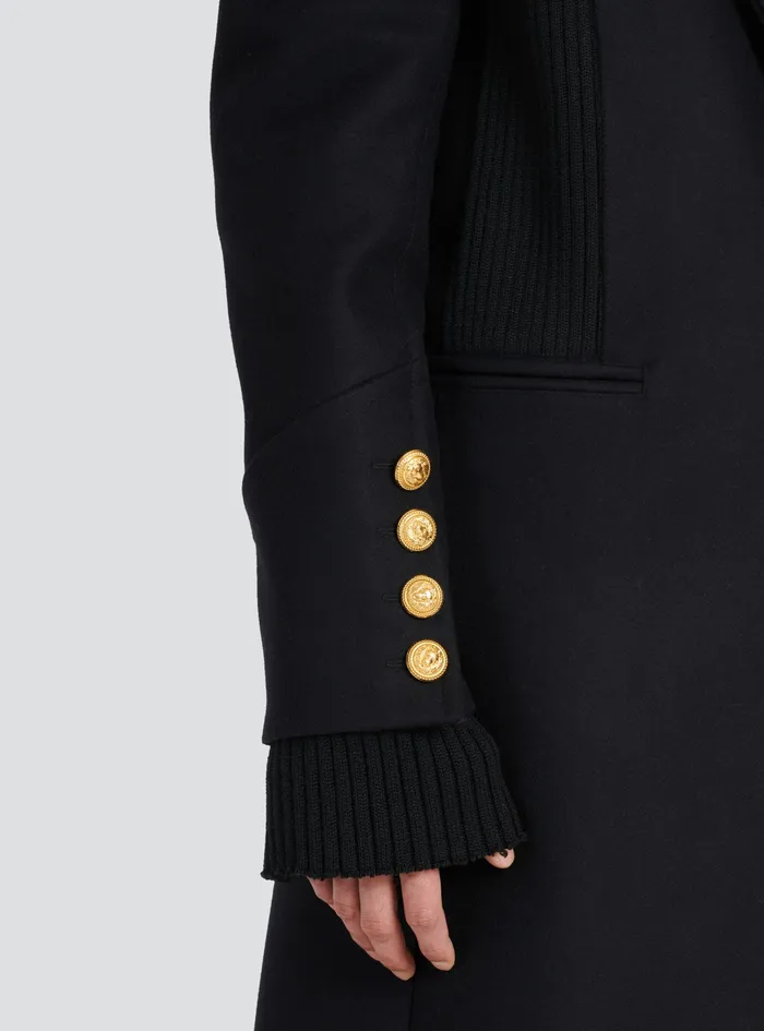 Balmain Outerwear Mens Long Wool Coat With MonogramPatterned Collar And Lining Black Balmain Outerwear Mens Long Wool Coat With MonogramPatterned Collar And Lining Black