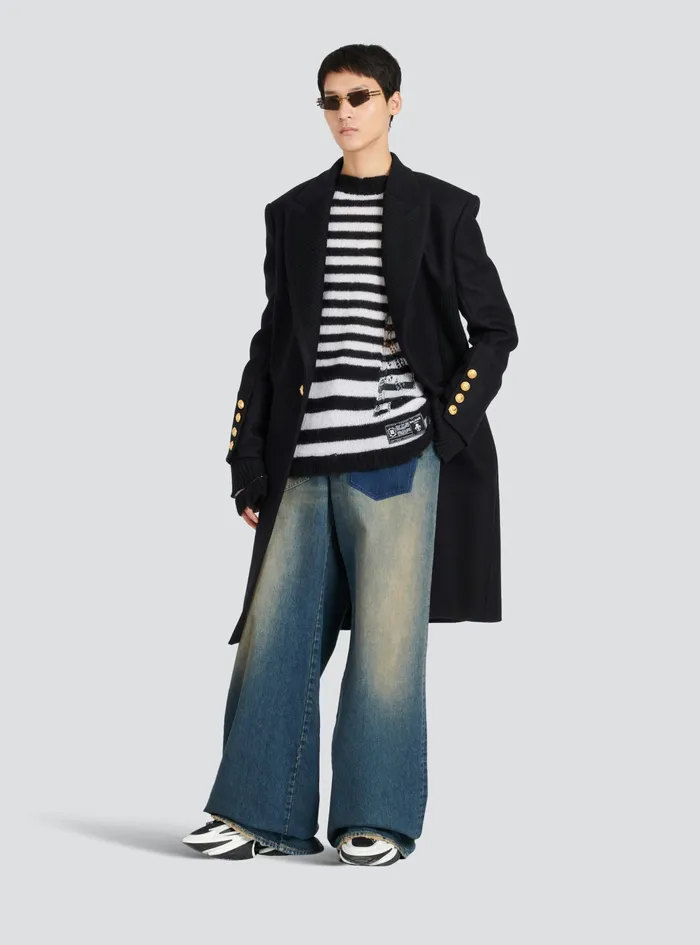 Balmain Outerwear Mens Long Wool Coat With MonogramPatterned Collar And Lining Black Balmain Outerwear Mens Long Wool Coat With MonogramPatterned Collar And Lining Black